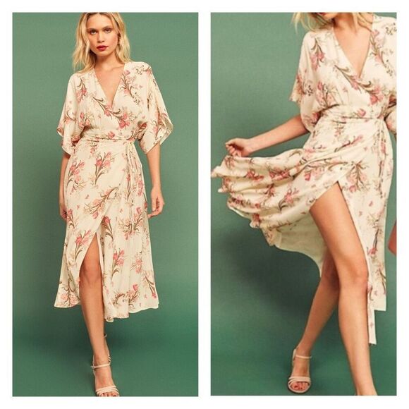 Reformation Karen Kimono Midi Wrap Dress Leila Floral Tulip Size XS Cream Pink - Picture 1 of 15